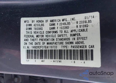2014 Honda Accord Lx from USA, damaged, VIN 1HGCR2F37EA119733